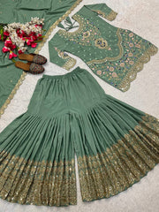 Stylish Heavy Work Teal Green Color Sharara Suit