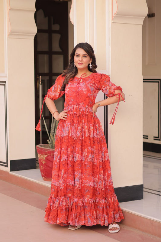 Gorgeous Round Neck Red Color Gown