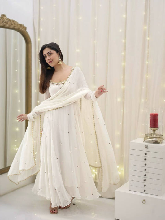 Beautiful Georgette White Color Full Sleeve Gown