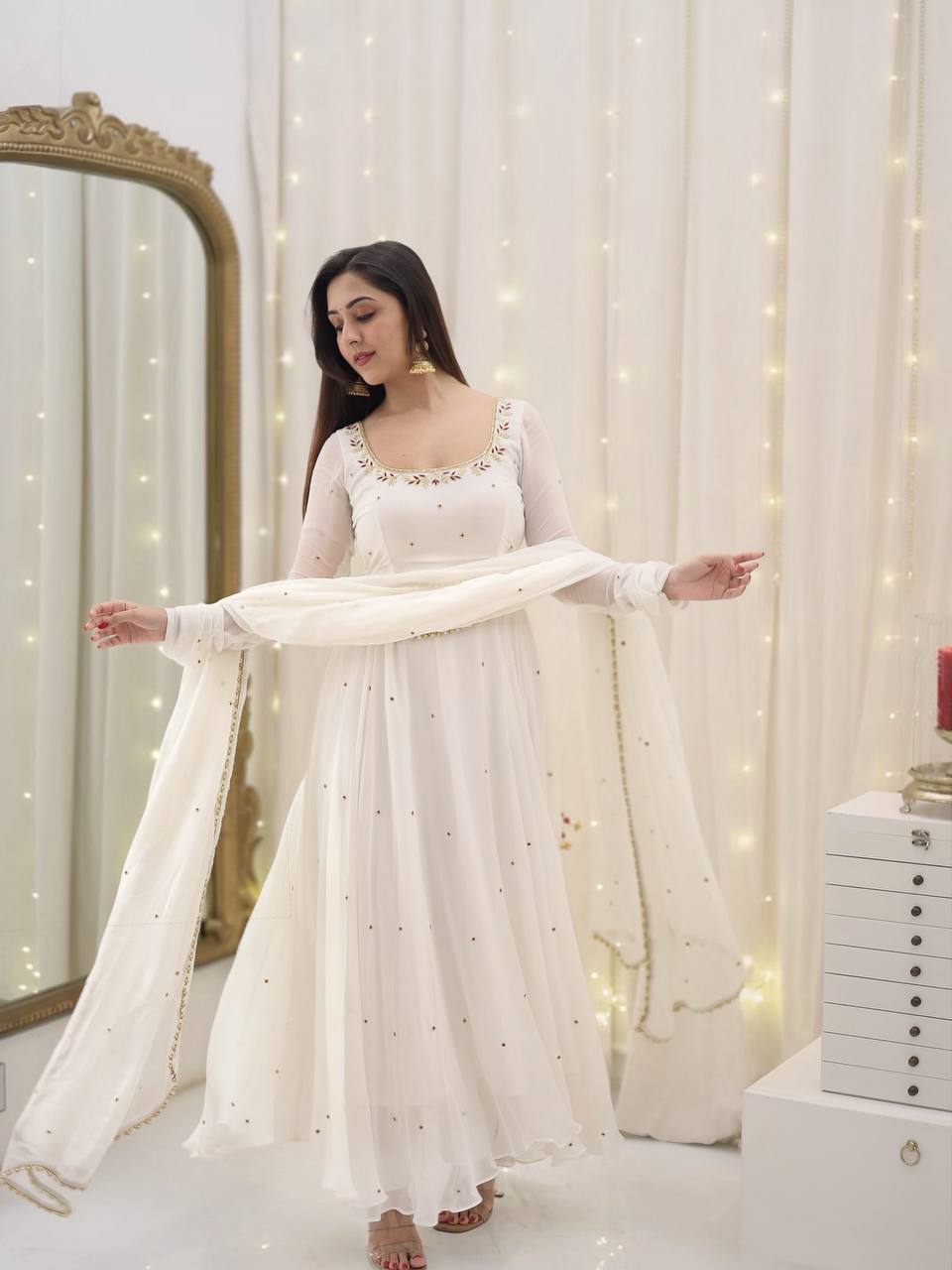 Beautiful Georgette White Color Full Sleeve Gown