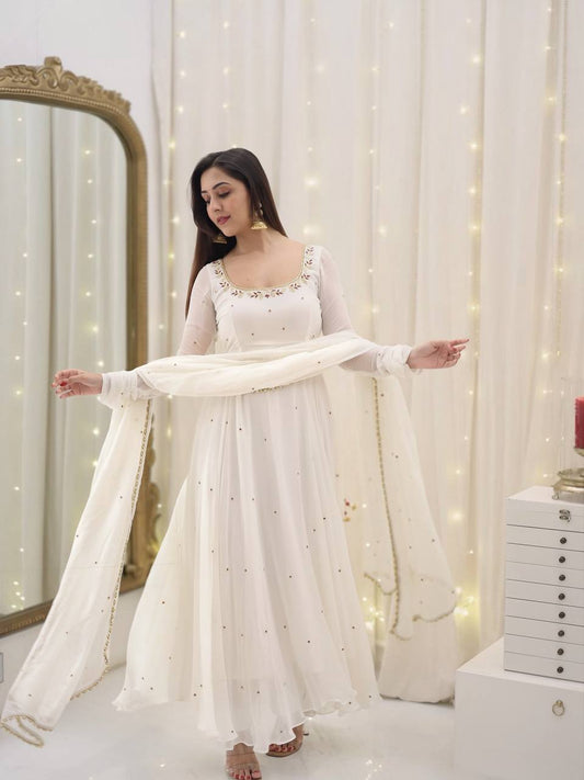 Beautiful Georgette White Color Full Sleeve Gown