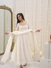 Beautiful Georgette White Color Full Sleeve Gown