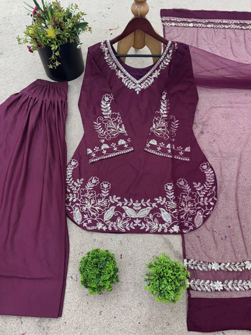 Wine Color Embroidery Work Punjabi Suit