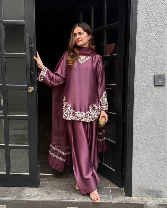 Wine Color Embroidery Work Punjabi Suit