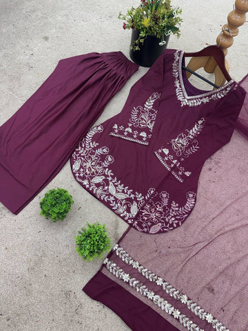 Wine Color Embroidery Work Punjabi Suit