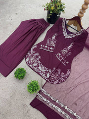 Wine Color Embroidery Work Punjabi Suit