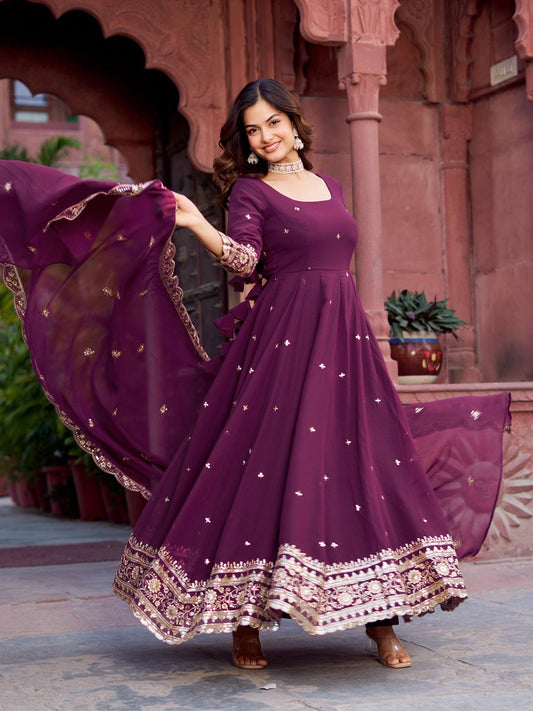 Classic Heavy Work Wine Color Georgette Gown