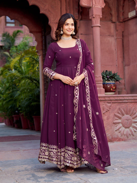 Classic Heavy Work Wine Color Georgette Gown