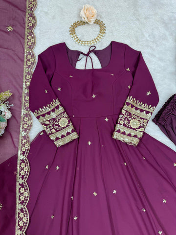 Classic Heavy Work Wine Color Georgette Gown