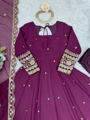 Classic Heavy Work Wine Color Georgette Gown