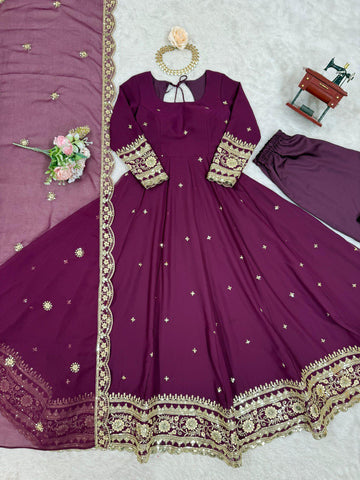 Classic Heavy Work Wine Color Georgette Gown