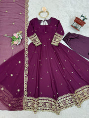 Classic Heavy Work Wine Color Georgette Gown