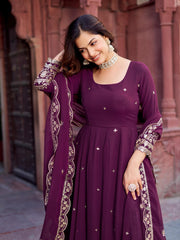 Classic Heavy Work Wine Color Georgette Gown