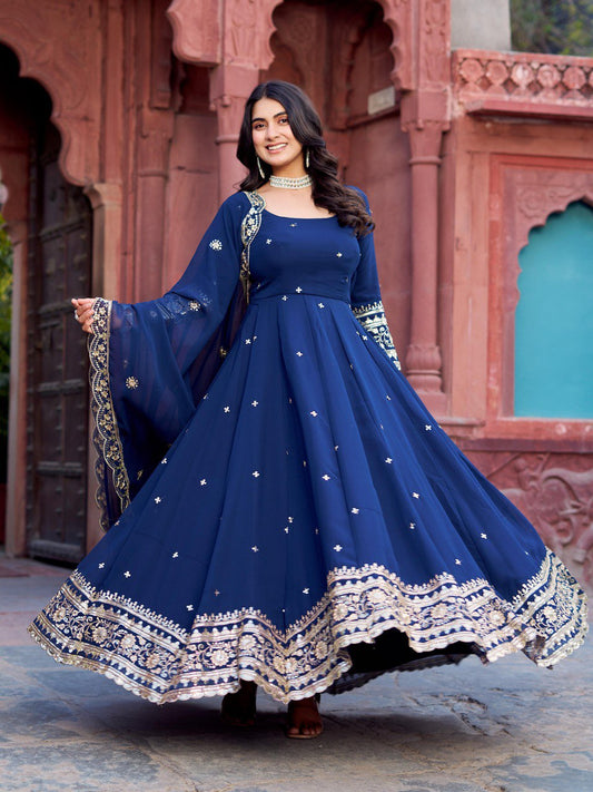 Classic Heavy Work Navy Blue Color Georgette Gown