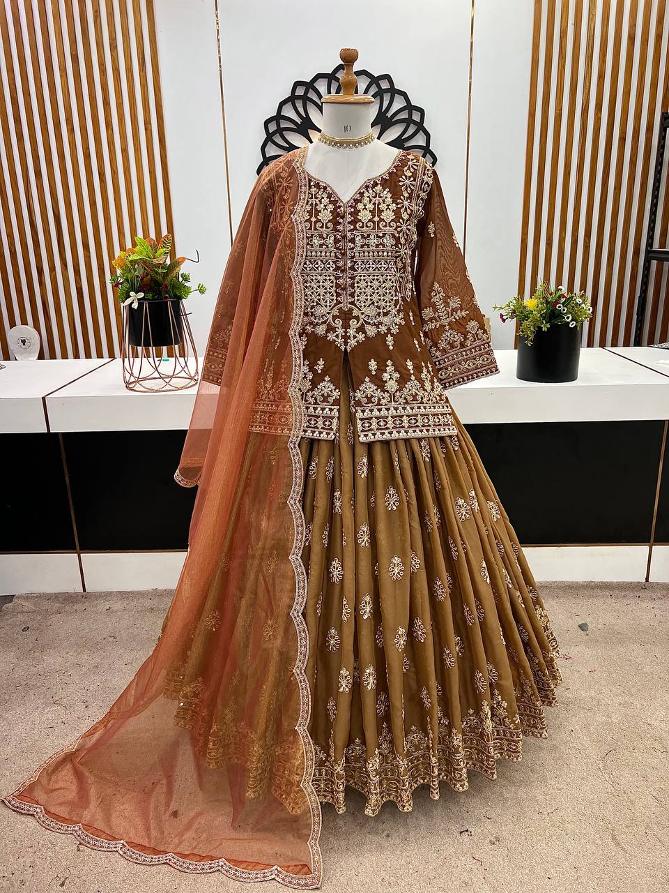 Brown Color Embroidery Work Tunic Top with Lehenga