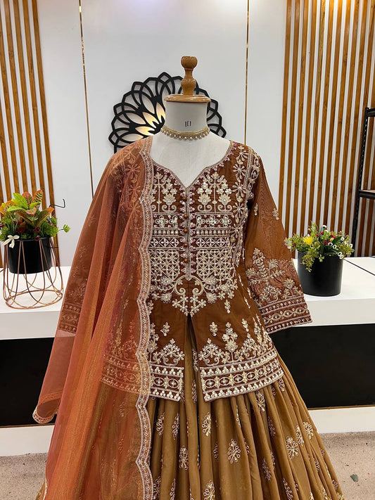Brown Color Embroidery Work Tunic Top with Lehenga