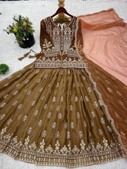 Brown Color Embroidery Work Tunic Top with Lehenga