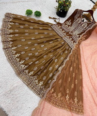 Brown Color Embroidery Work Tunic Top with Lehenga