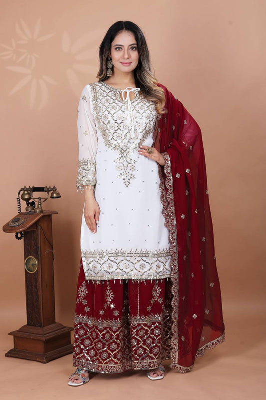 Exclusive Heavy Work White Color Suit Red Sharara