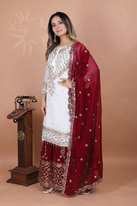 Exclusive Heavy Work White Color Suit Red Sharara
