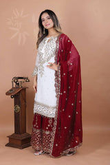 Exclusive Heavy Work White Color Suit Red Sharara