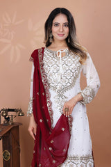 Exclusive Heavy Work White Color Suit Red Sharara