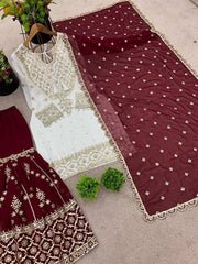 Exclusive Heavy Work White Color Suit Red Sharara