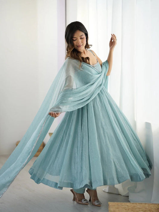 Party Look Blue Color Crunch Silk Gown