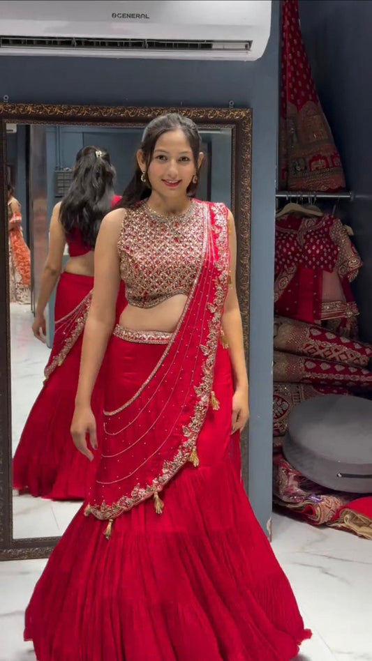 Weeding Wear Red Color Ready to Wear Lehenga Saree