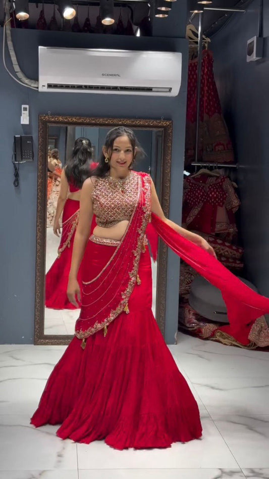Weeding Wear Red Color Ready to Wear Lehenga Saree
