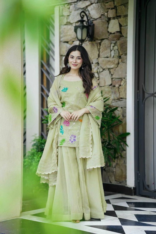 Precious Pista Color Embroidered Casual Wear Sharara Suit