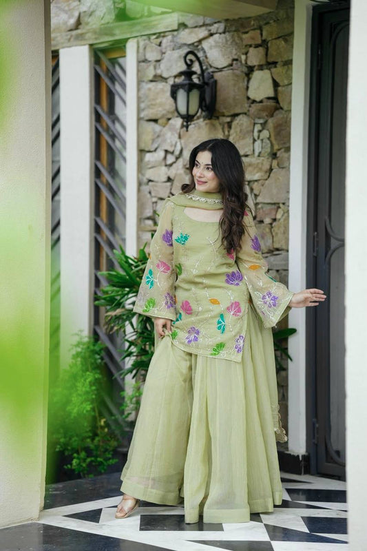 Precious Pista Color Embroidered Casual Wear Sharara Suit
