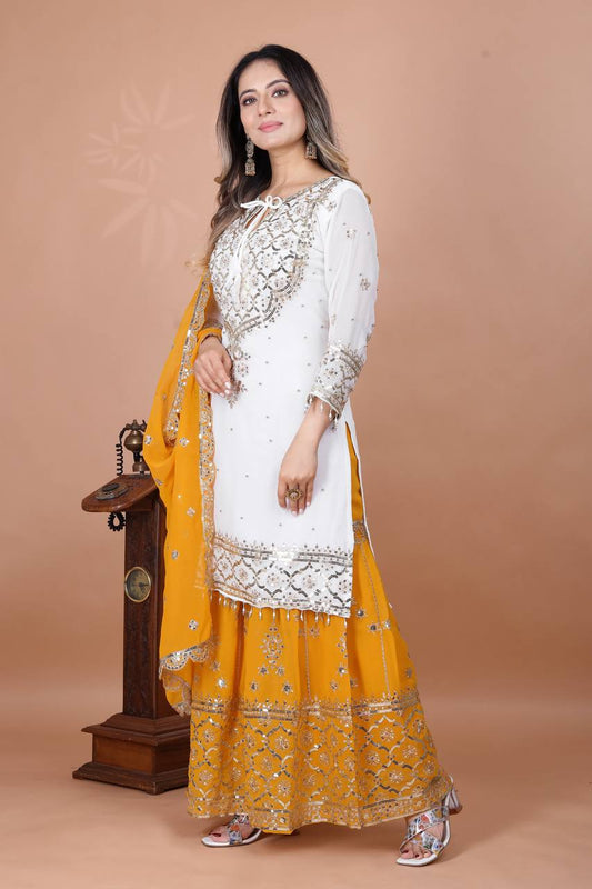 Exclusive Heavy Work White Color Suit Mustard Sharara