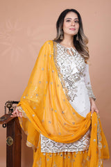 Exclusive Heavy Work White Color Suit Mustard Sharara