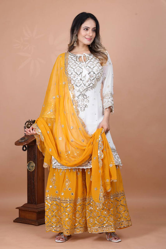 Exclusive Heavy Work White Color Suit Mustard Sharara