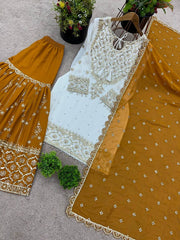 Exclusive Heavy Work White Color Suit Mustard Sharara