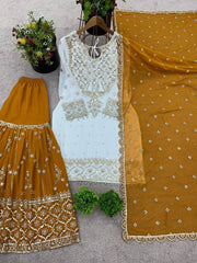 Exclusive Heavy Work White Color Suit Mustard Sharara