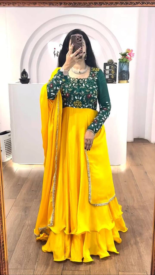 Lovely Yellow Color Thread Work Double Layer Gown