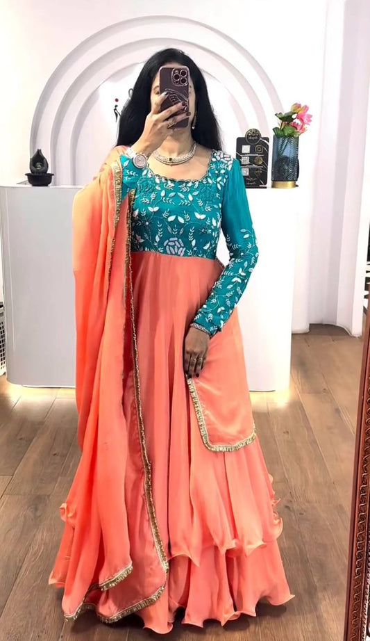 Lovely Peach Color Thread Work Double Layer Gown