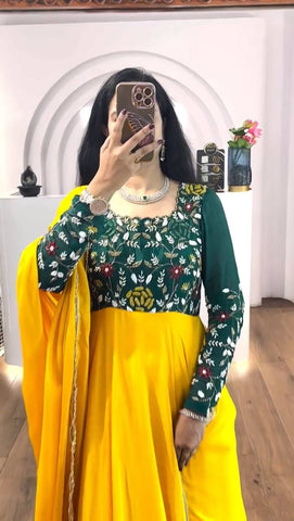 Lovely Yellow Color Thread Work Double Layer Gown