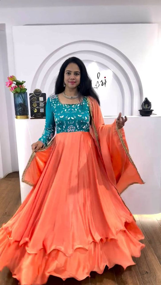 Lovely Peach Color Thread Work Double Layer Gown