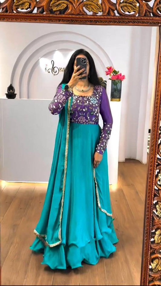 Lovely Sky Blue Color Thread Work Double Layer Gown
