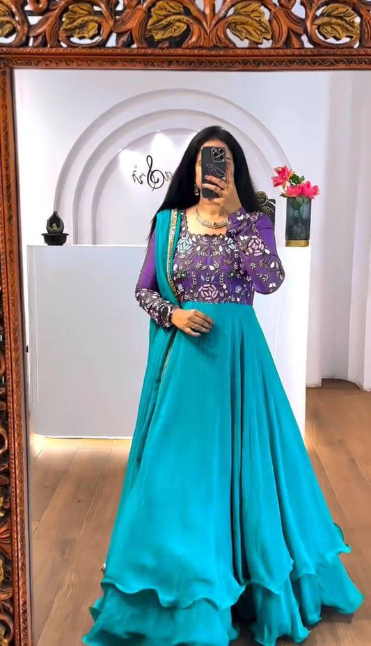 Lovely Sky Blue Color Thread Work Double Layer Gown