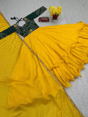 Lovely Yellow Color Thread Work Double Layer Gown