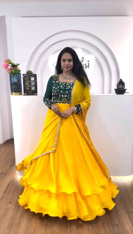 Lovely Yellow Color Thread Work Double Layer Gown