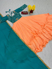 Lovely Peach Color Thread Work Double Layer Gown