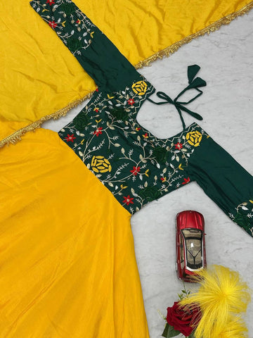 Lovely Yellow Color Thread Work Double Layer Gown