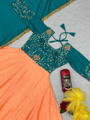Lovely Peach Color Thread Work Double Layer Gown