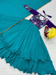 Lovely Sky Blue Color Thread Work Double Layer Gown