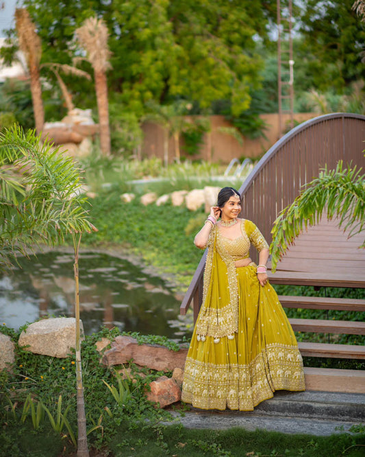 Reception Wear Heavy Work Mustard Color Lehenga Choli